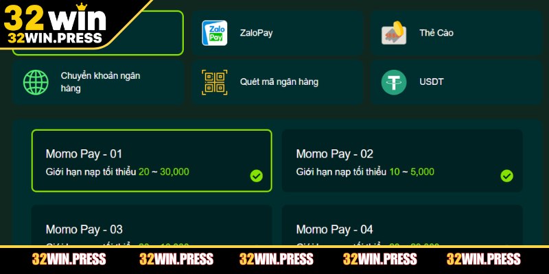 Các cách nạp tiền vào 32WIN phổ biến